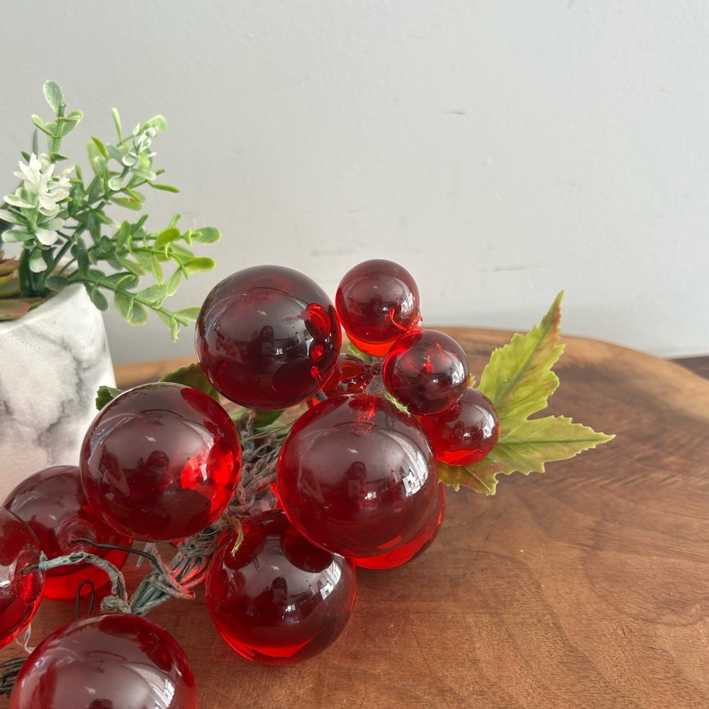 VTG MCM Acrylic Lucite Red Grape Cluster Fake Fruit Stem Decor